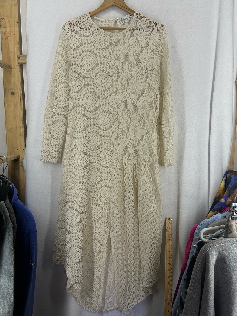 Zara Long Sleeve Mixed Lace Midi Dress Women’s Size Large Cream Boho Romantic